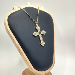 18k Gold Plated Necklace w/ Spanish Style Cross Pendant Christian Catholic Gift